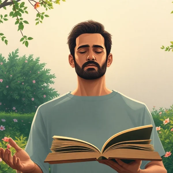 Homme méditant dans un parc illustrant un style de vie équilibré et serein.