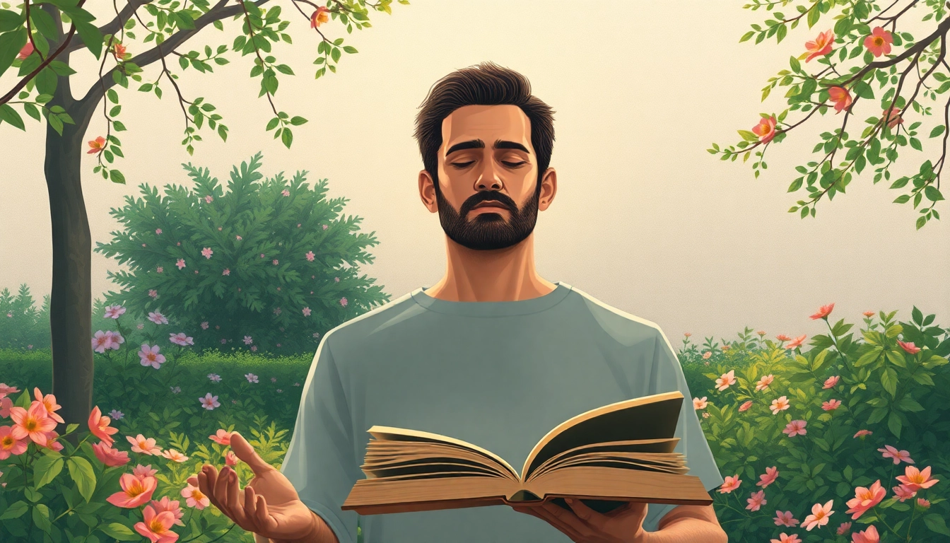 Homme méditant dans un parc illustrant un style de vie équilibré et serein.