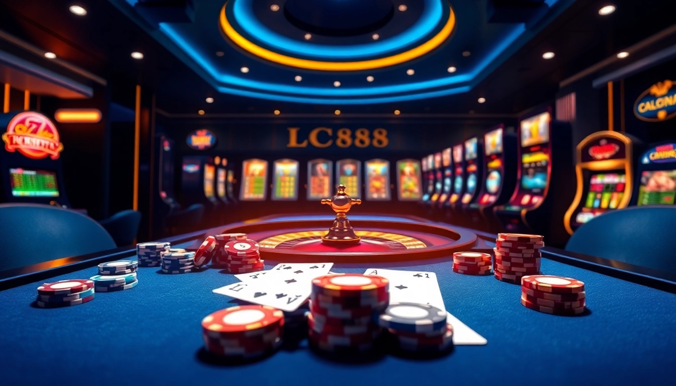 Experience the excitement of online gambling at lc88 my, featuring vibrant casino tables and engaging slot machines.