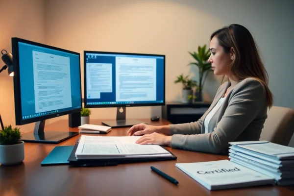 Espace de travail professionnel illustrant les processus de traduction certifiée avec des documents, des ordinateurs et un traducteur en pleine activité.