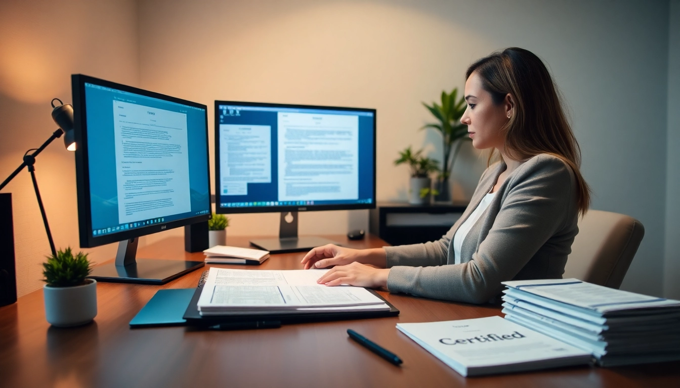 Espace de travail professionnel illustrant les processus de traduction certifiée avec des documents, des ordinateurs et un traducteur en pleine activité.