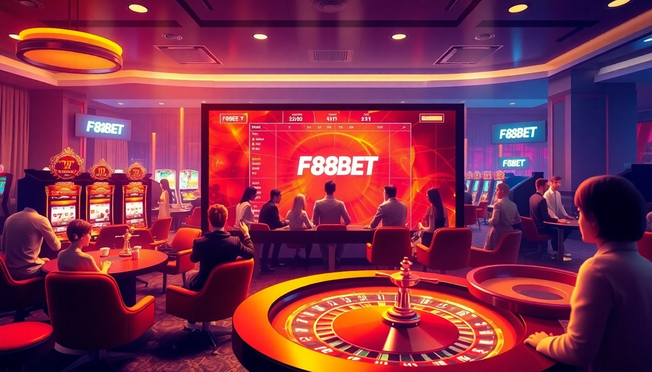 Experience thrilling gameplay at https://f8bet.dental/ in a luxurious casino environment with poker chips and slot machines.