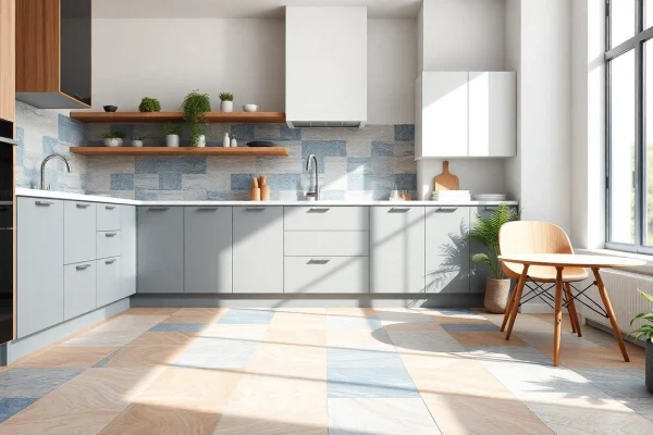 Cuisine éblouissante avec un sol en carrelage, présentant des motifs de carreaux vibrants et une décoration moderne.