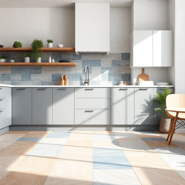 Cuisine éblouissante avec un sol en carrelage, présentant des motifs de carreaux vibrants et une décoration moderne.