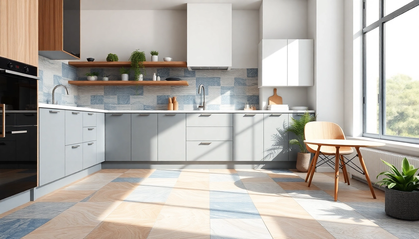 Cuisine éblouissante avec un sol en carrelage, présentant des motifs de carreaux vibrants et une décoration moderne.