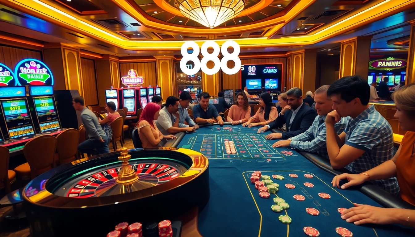 Captivating scene at https://888b.report/ with players enjoying blackjack and roulette in a luxurious casino.