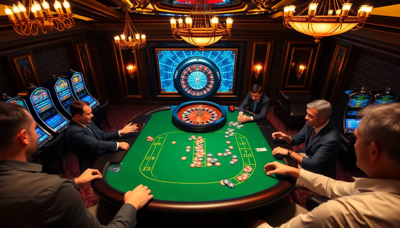 Excited gamers placing bets on an elegant S8 table in a luxurious casino setting.