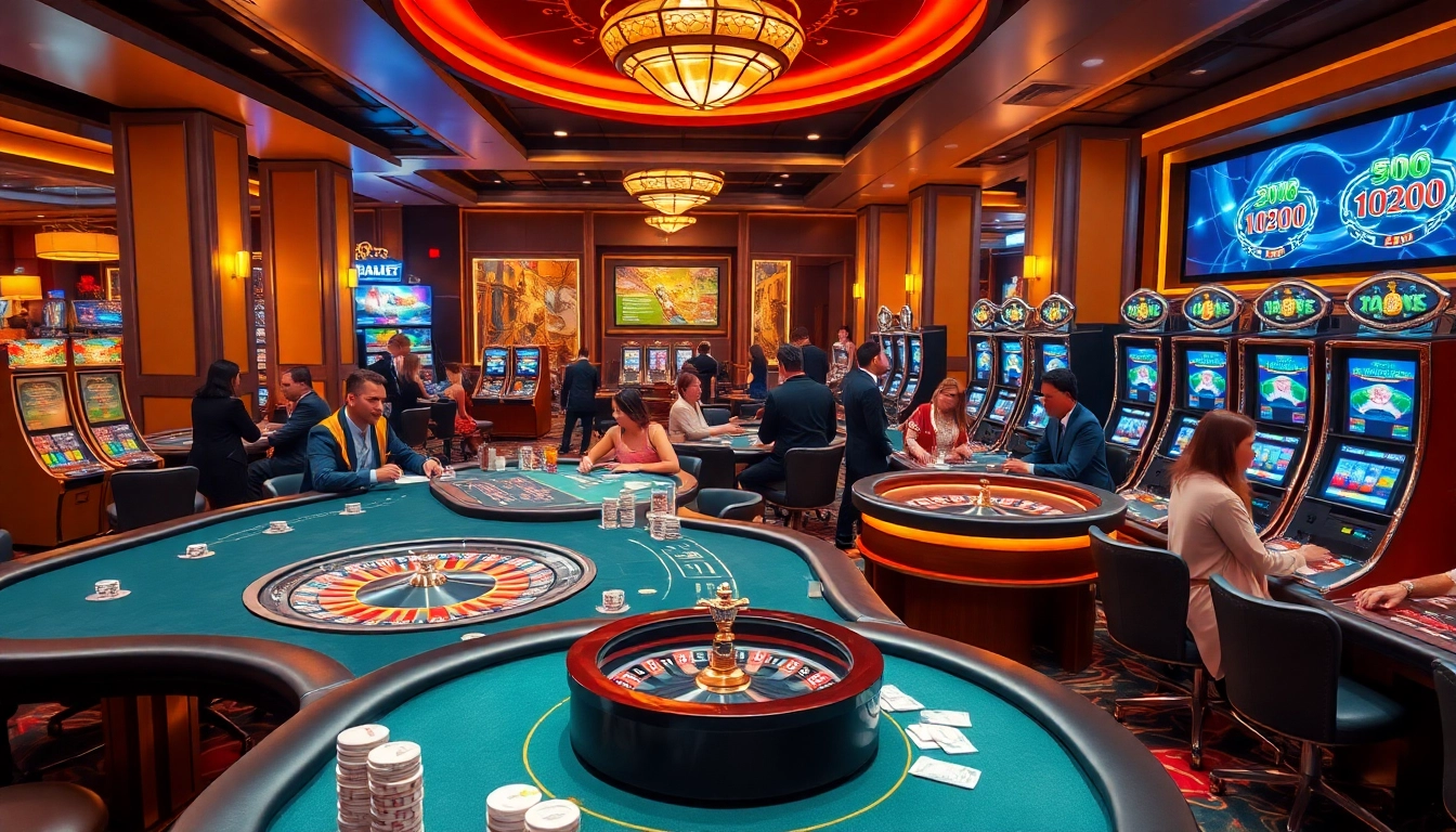 Engaging gamblers at a casino scene featuring popular games from https://tr88.bio/ with poker tables and slot machines.