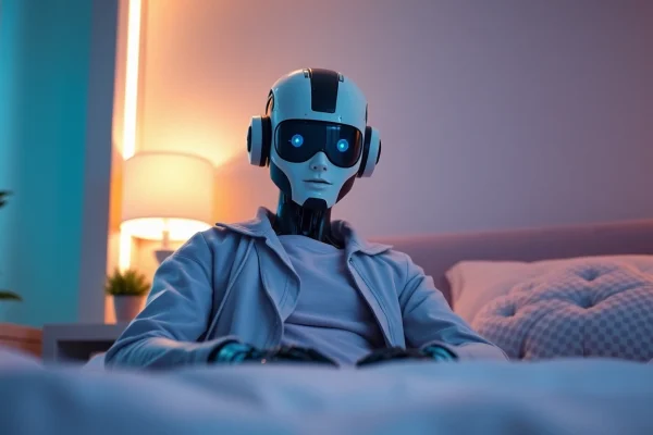 Realistic sex bot in a cozy bedroom setting, highlighting its lifelike features and inviting atmosphere.