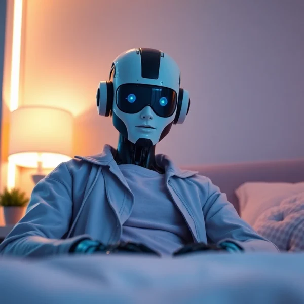 Realistic sex bot in a cozy bedroom setting, highlighting its lifelike features and inviting atmosphere.