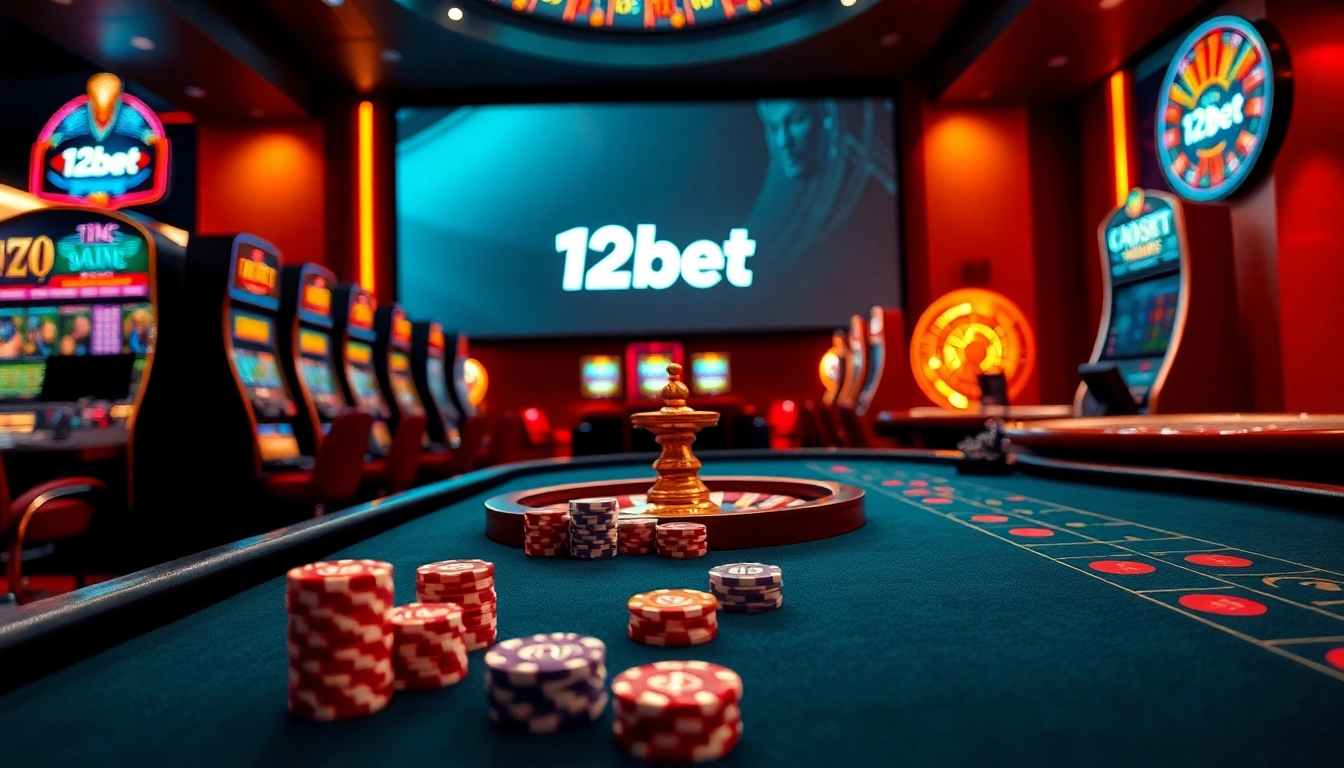 Engaging gamblers with the 12bet link at a luxurious online casino featuring vibrant tables and glowing slot machines.