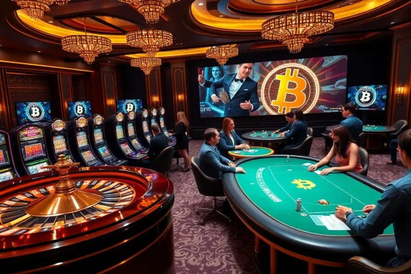 Players enjoying games at a vibrant Bitcoin casino with luxurious tables and slot machines.