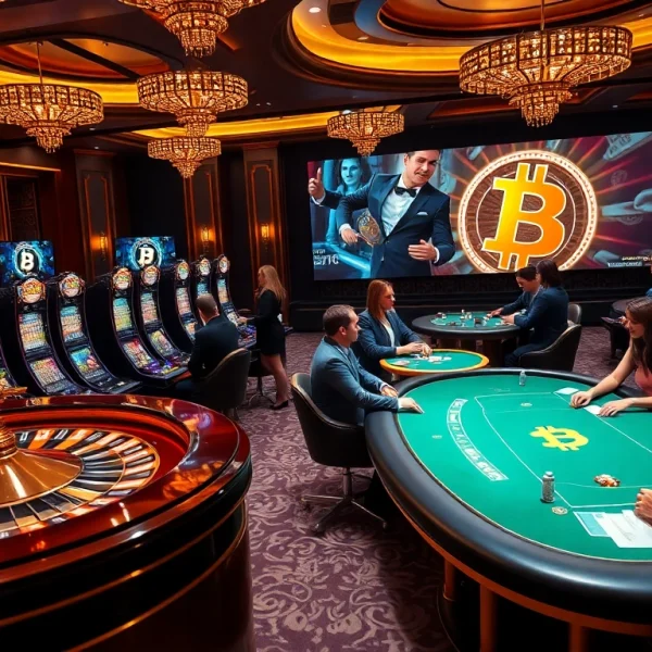 Players enjoying games at a vibrant Bitcoin casino with luxurious tables and slot machines.