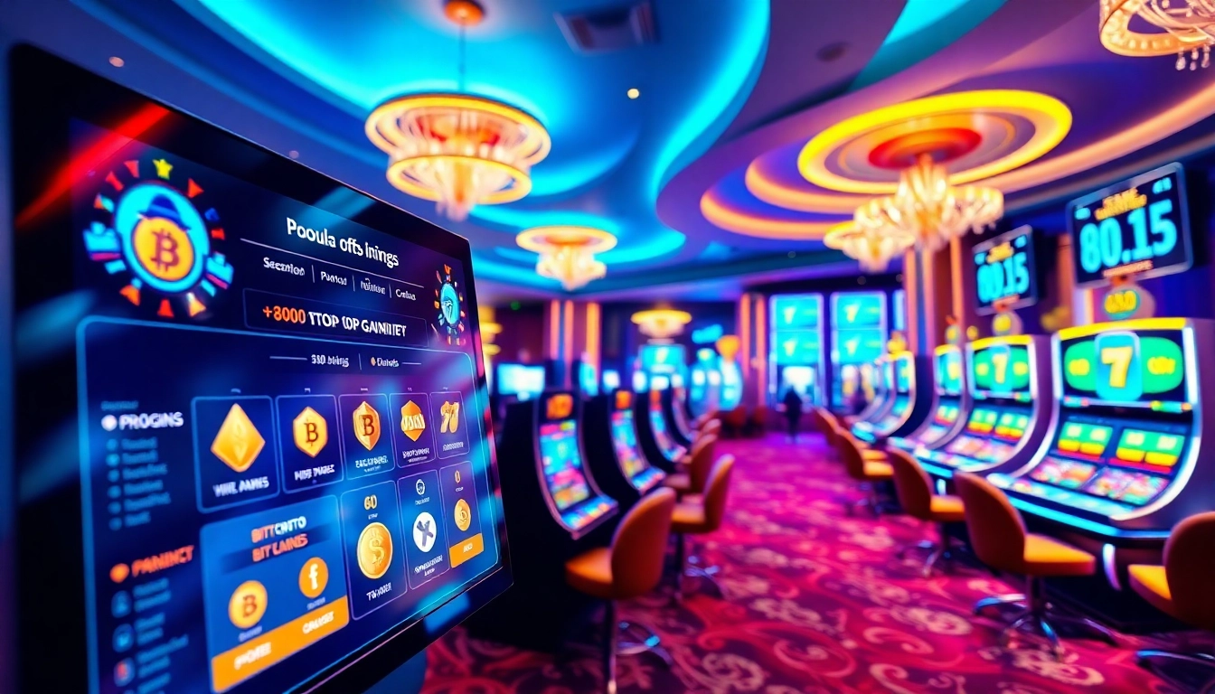 Jouez à des jeux dans un casino crypto où des lumières vives et une interface moderne créent une ambiance exaltante.