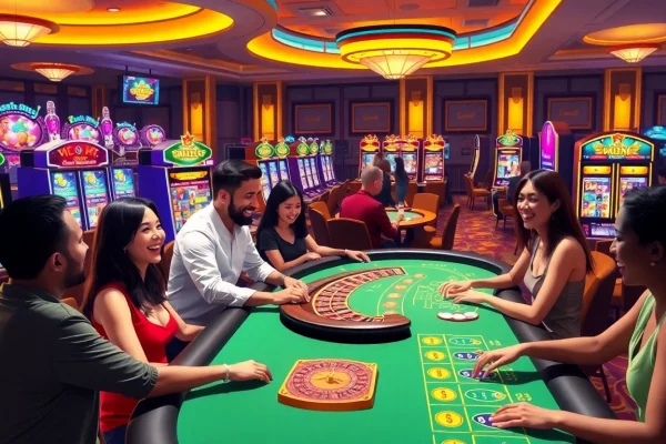 Joueurs animés profitant de la crypto dans un casino en ligne vibrant.