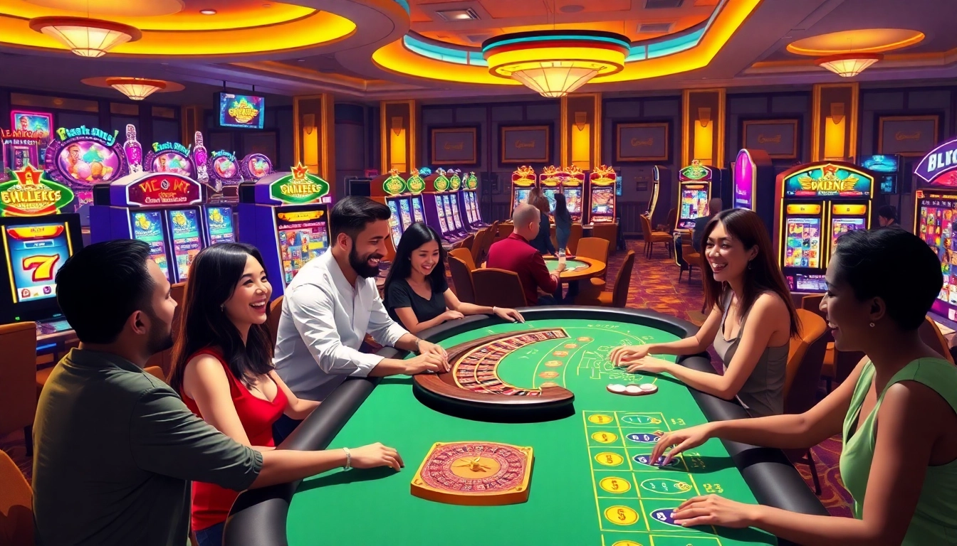 Joueurs animés profitant de la crypto dans un casino en ligne vibrant.