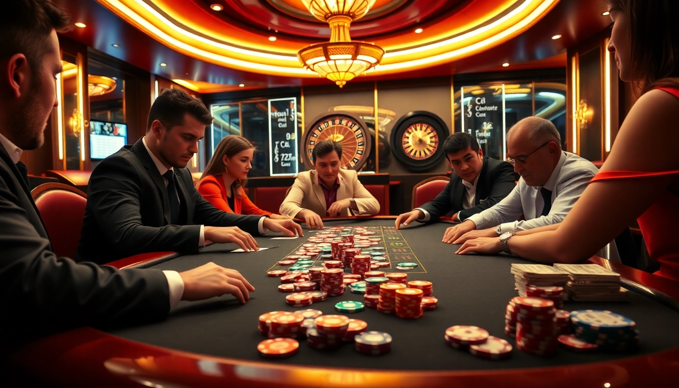 A vibrant poker game at 789f casino with players engaged and high-stakes chips on the table.