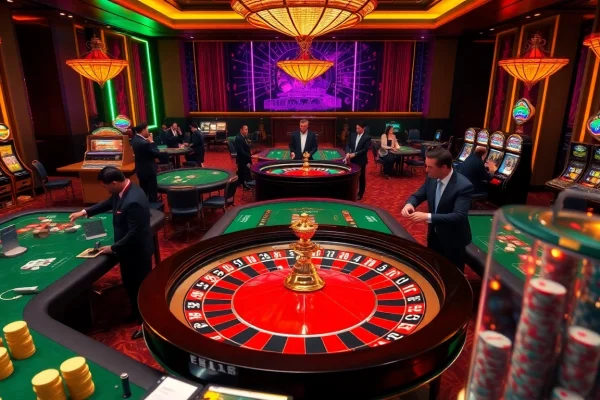 The excitement of luxury gambling at https://rr88sn.com/ with players at a roulette wheel and poker tables.
