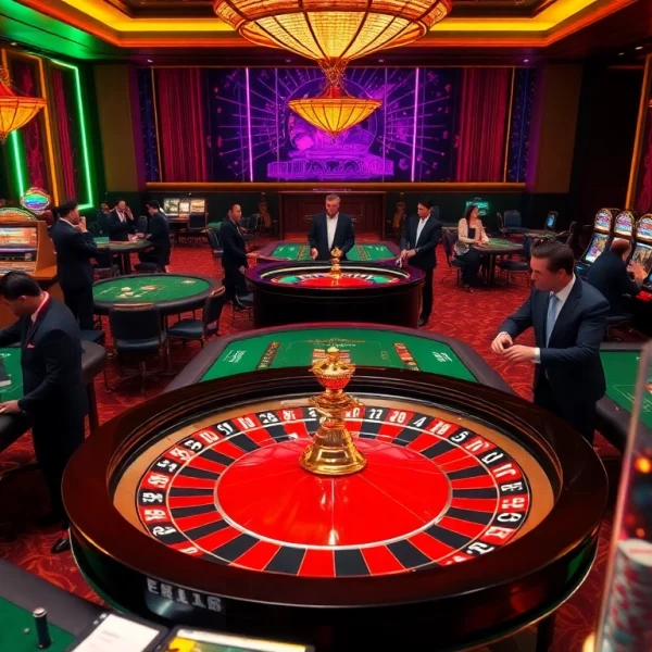The excitement of luxury gambling at https://rr88sn.com/ with players at a roulette wheel and poker tables.