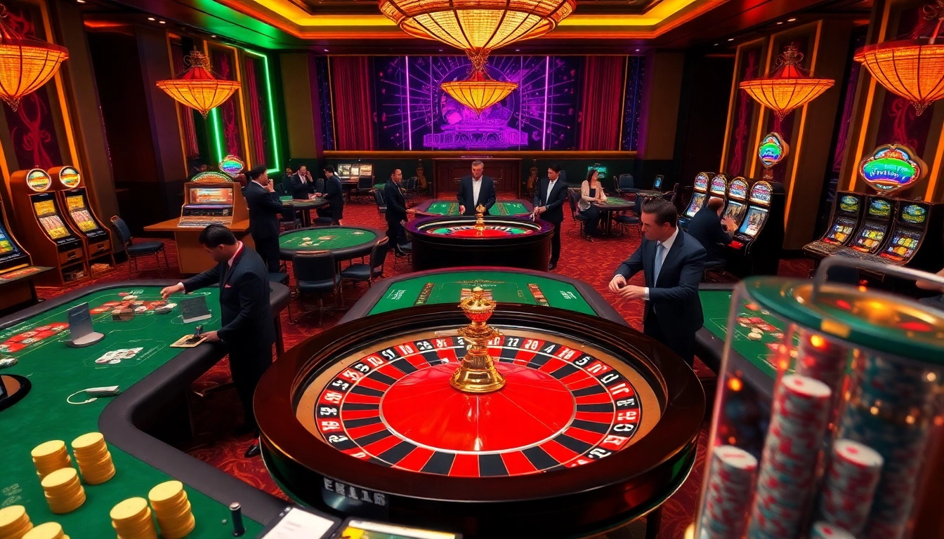 The excitement of luxury gambling at https://rr88sn.com/ with players at a roulette wheel and poker tables.
