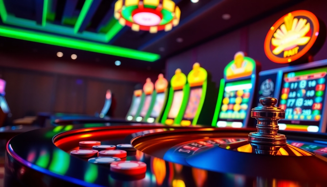 Jouez dans un casino en ligne avec des machines à sous colorées et un éclairage dynamique.