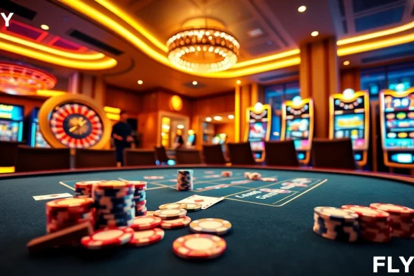 Experience high-stakes excitement at FLY88 casino with a luxurious poker table and vibrant roulette wheel.