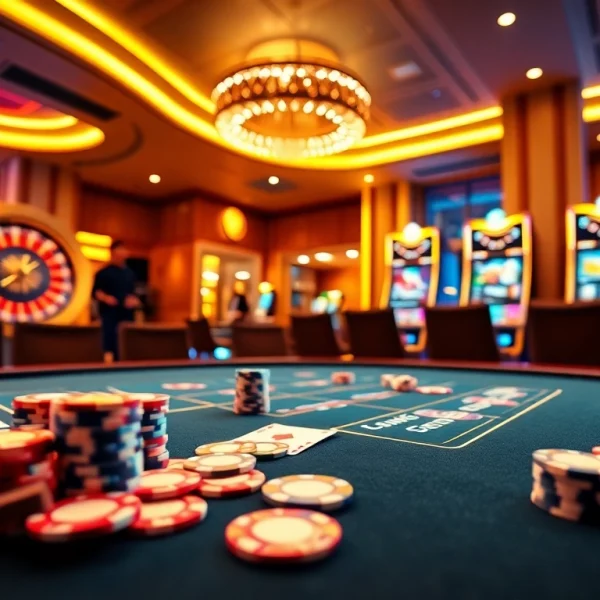 Experience high-stakes excitement at FLY88 casino with a luxurious poker table and vibrant roulette wheel.