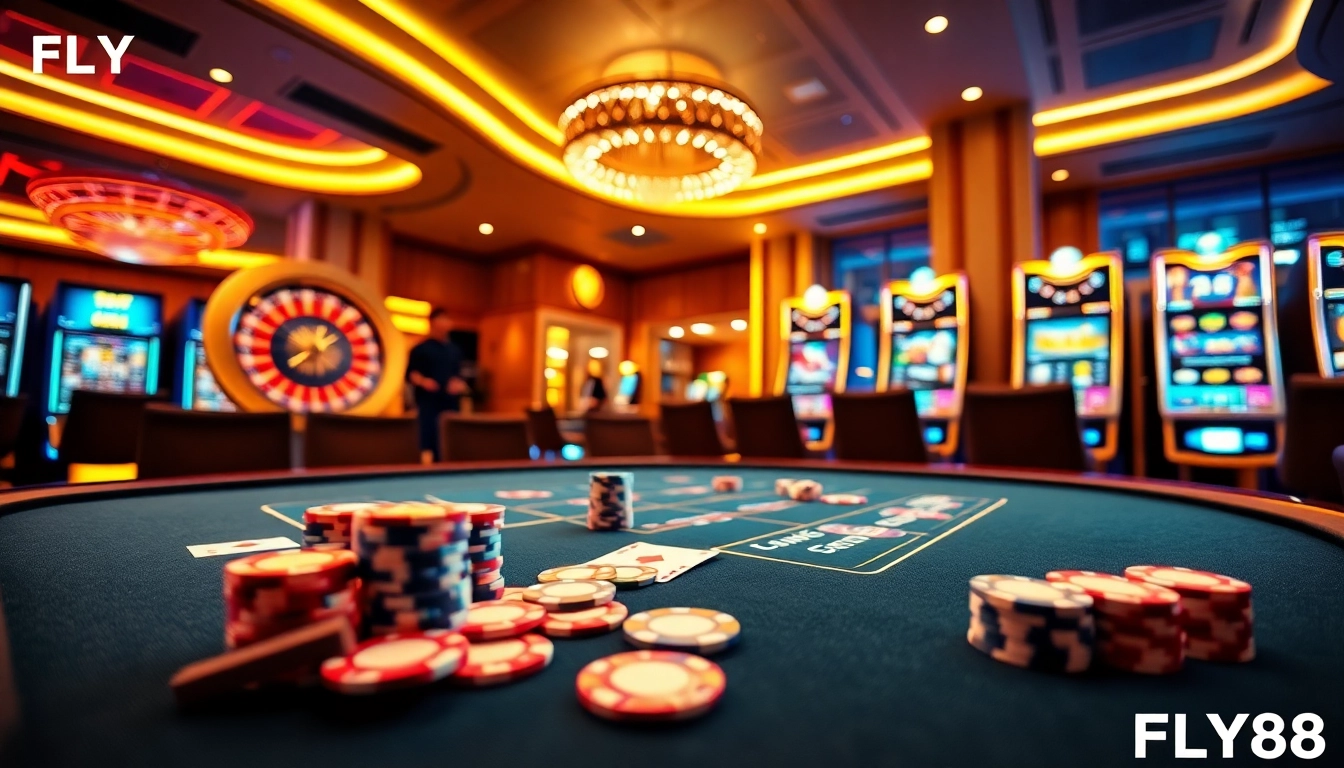 Experience high-stakes excitement at FLY88 casino with a luxurious poker table and vibrant roulette wheel.