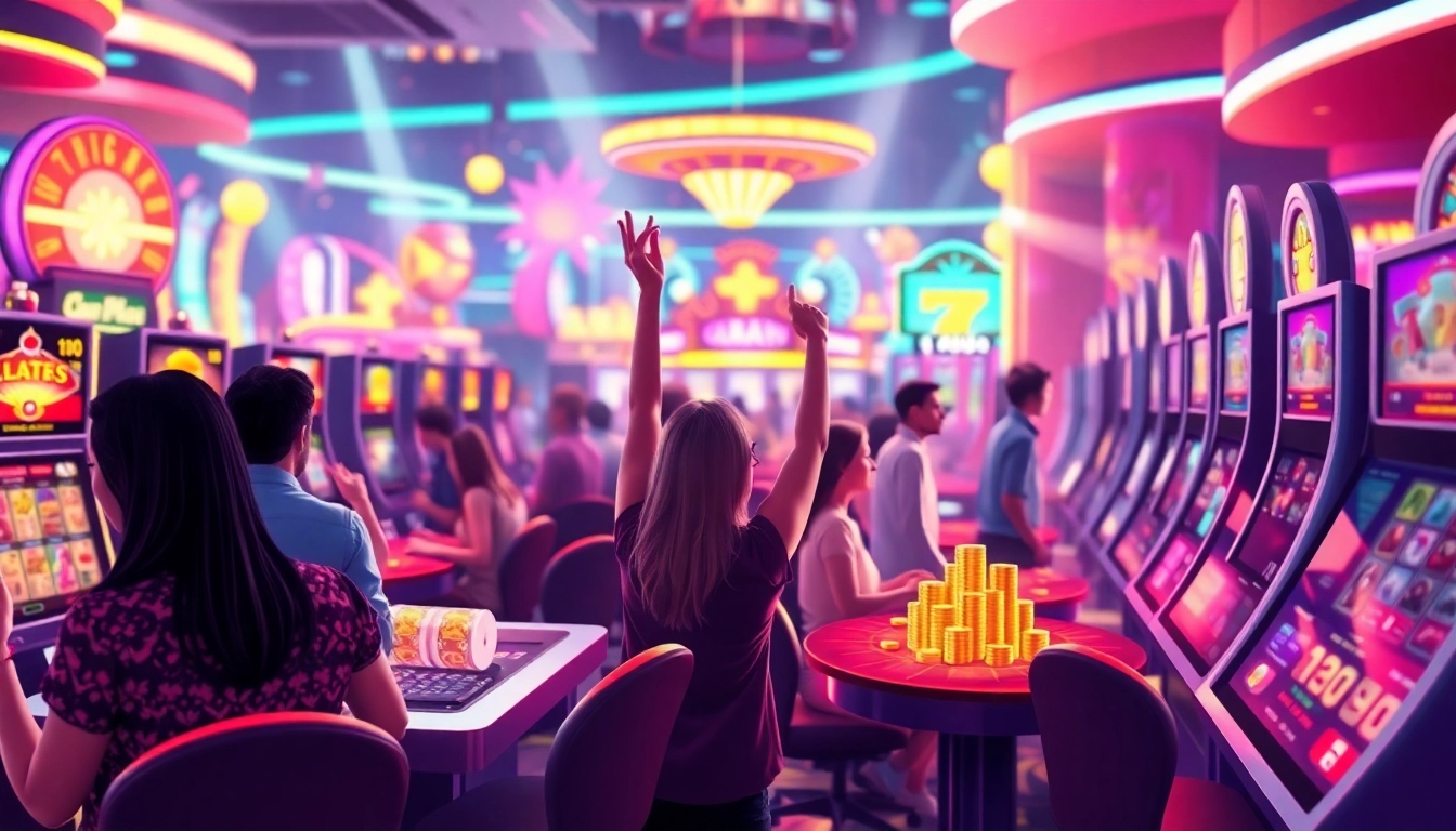 Découvrez le meilleur casino en ligne 2026 avec des joueurs célébrant leurs gains entourés de lumières colorées.