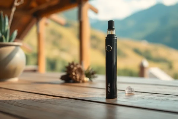 Buy DMT in Colorado: DMT vape pen on a rustic table with a Colorado landscape.