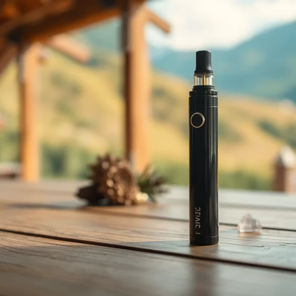 Buy DMT in Colorado: DMT vape pen on a rustic table with a Colorado landscape.