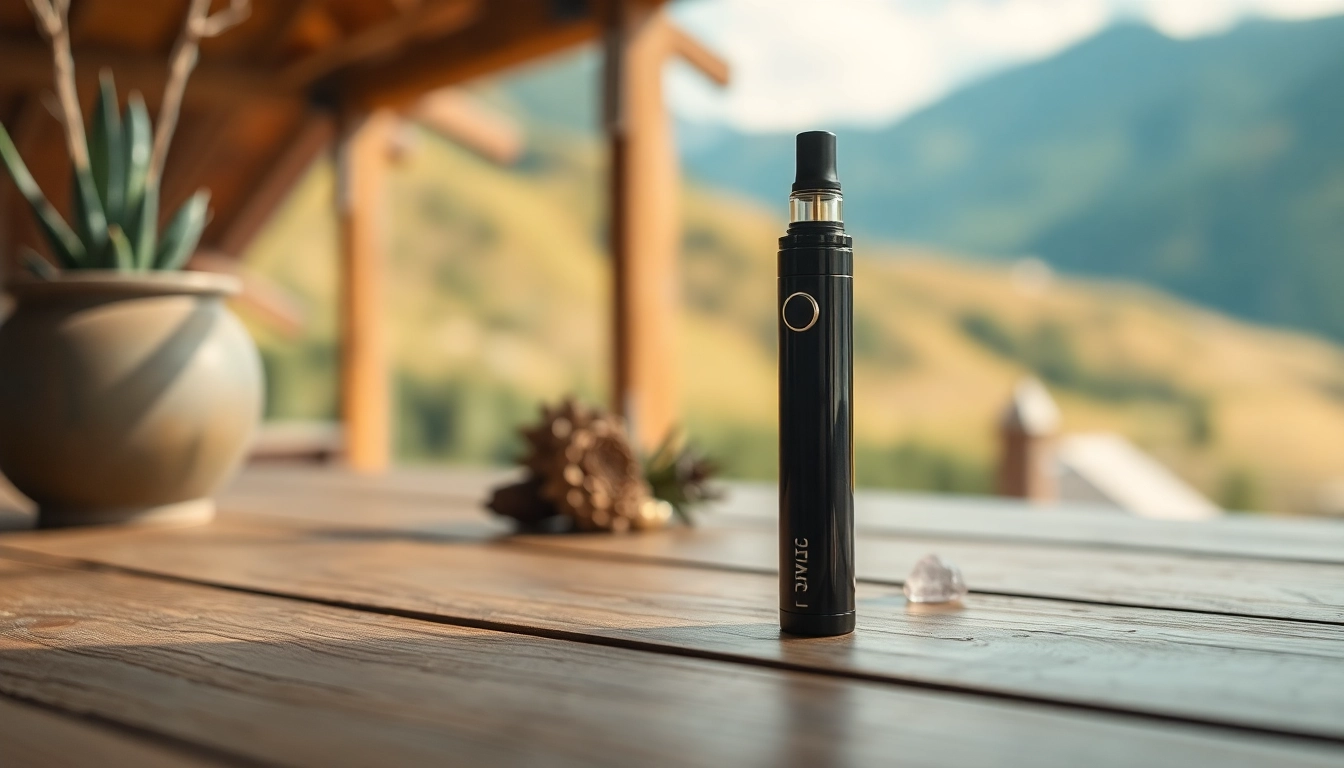 Buy DMT in Colorado: DMT vape pen on a rustic table with a Colorado landscape.