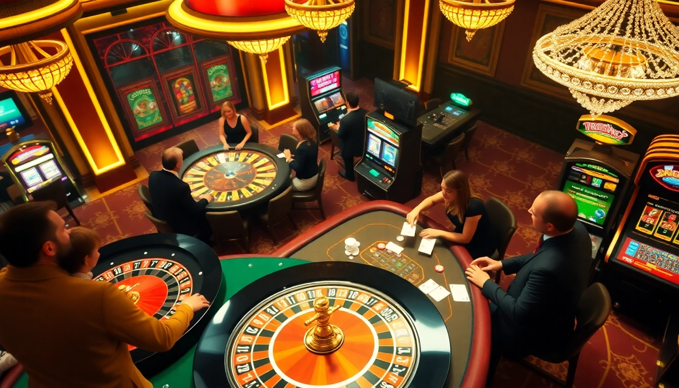 Bk33 casino scene showcasing lively players at tables, vibrant slot machines, and rich casino atmosphere.