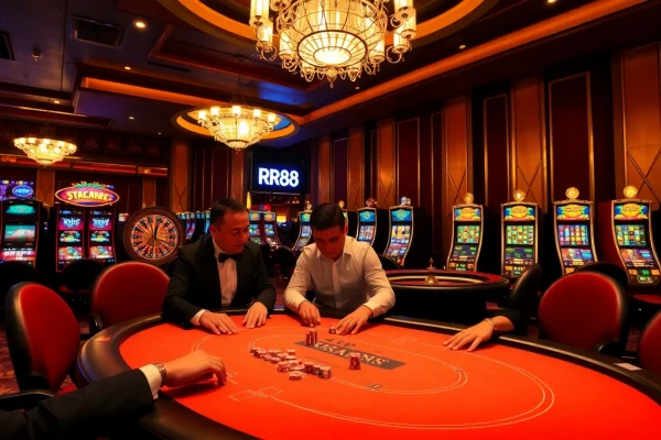 Experience high-stakes poker action at RR88 with vibrant casino visuals and elegant décor.