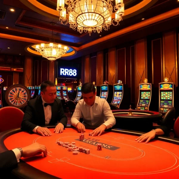 Experience high-stakes poker action at RR88 with vibrant casino visuals and elegant décor.