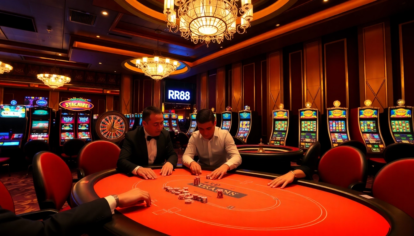 Experience high-stakes poker action at RR88 with vibrant casino visuals and elegant décor.