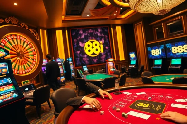Experience dynamic betting action at 88i casino featuring roulette and poker tables under luxurious lighting.