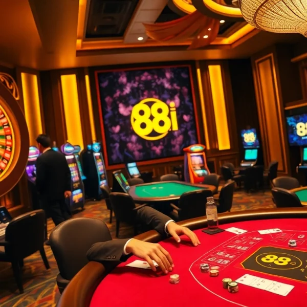 Experience dynamic betting action at 88i casino featuring roulette and poker tables under luxurious lighting.