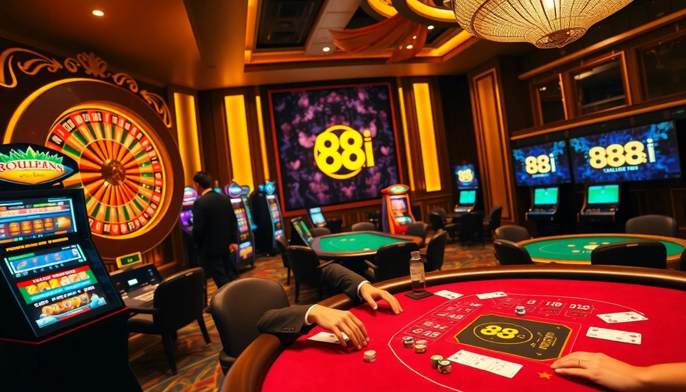 Experience dynamic betting action at 88i casino featuring roulette and poker tables under luxurious lighting.