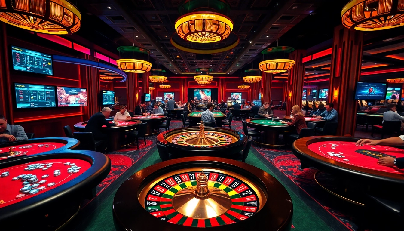 A dynamic casino scene highlighting the excitement of online gaming with bonus sans depot casino francais offers featuring poker, roulette, and vibrant digital betting.