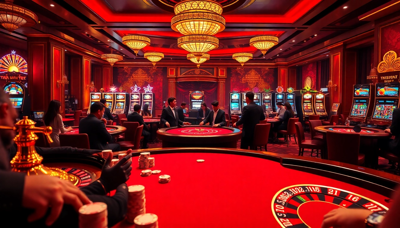 Escena de juego emocionante en 488bet con mesas de casino vibrantes y jugadores inmersos en la partida.