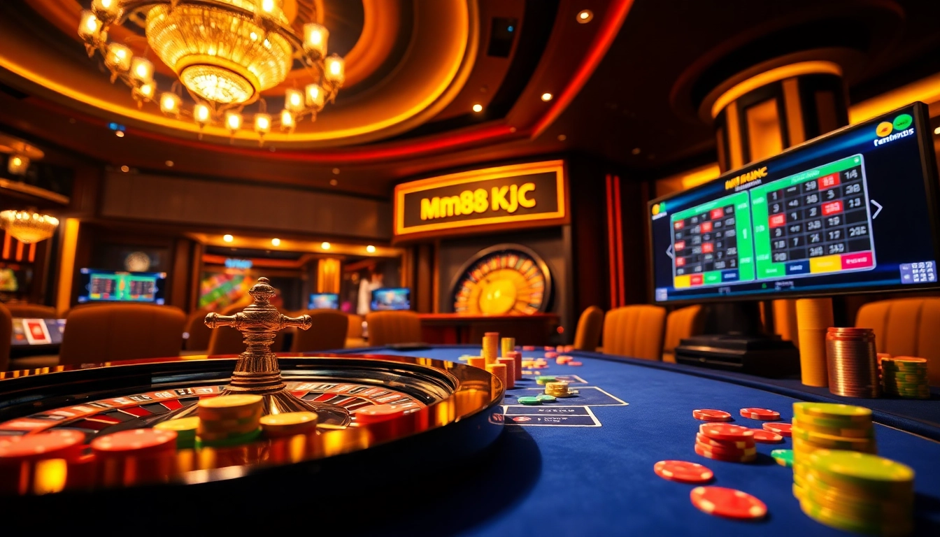 Experience the thrill of mm88 kjc in a luxurious casino environment with vibrant gaming elements.