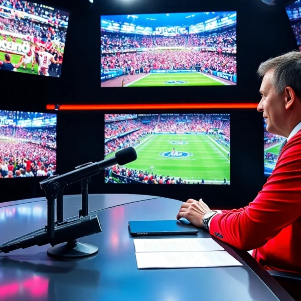 Engaging sports broadcasting host interacting with live events in a vibrant studio.