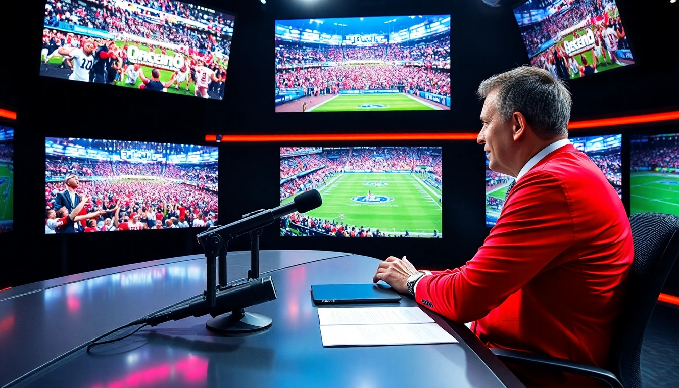 Engaging sports broadcasting host interacting with live events in a vibrant studio.