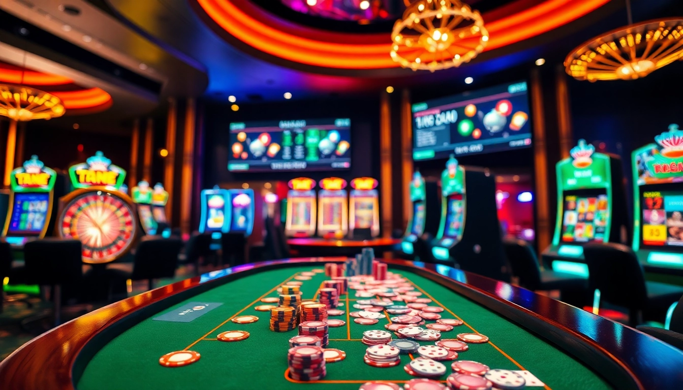 Exciting atmosphere showcasing meilleurs sites de paris sportifs 2026 with poker tables, vibrant colors, and active betting.