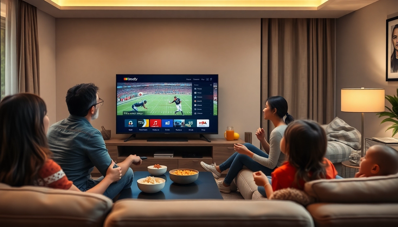 Family enjoying live sports on Iron TV Pro in a cozy living room setting.