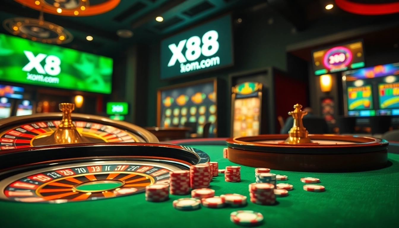 Experience high-stakes gaming at X88 com, with a stunning casino setup and engaging roulette action.