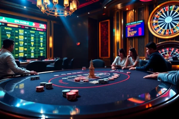 Experience high-stakes action at https://dh88.bio/, where players engage skillfully at a luxurious poker table amidst thrilling casino excitement.