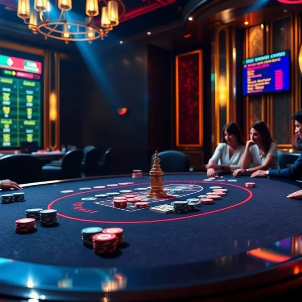 Experience high-stakes action at https://dh88.bio/, where players engage skillfully at a luxurious poker table amidst thrilling casino excitement.