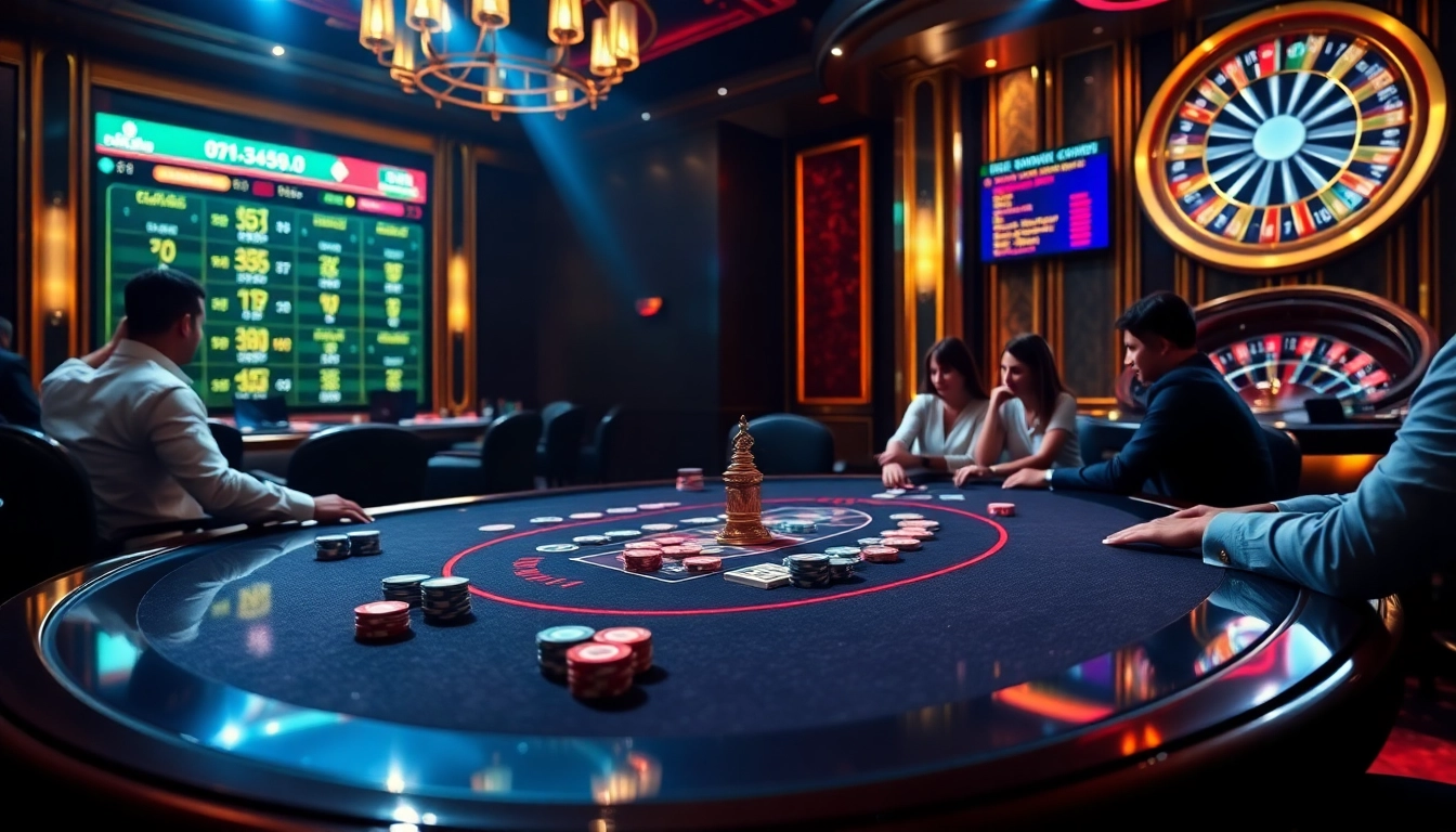 Experience high-stakes action at https://dh88.bio/, where players engage skillfully at a luxurious poker table amidst thrilling casino excitement.
